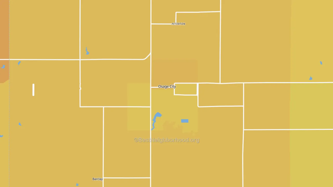 Map of the best neighborhoods in the 66523 area, with better matches in green and worse matches in red