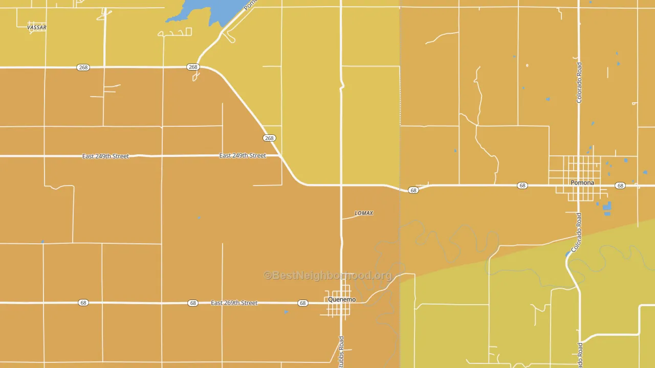 Map of the best neighborhoods in the 66528 area, with better matches in green and worse matches in red