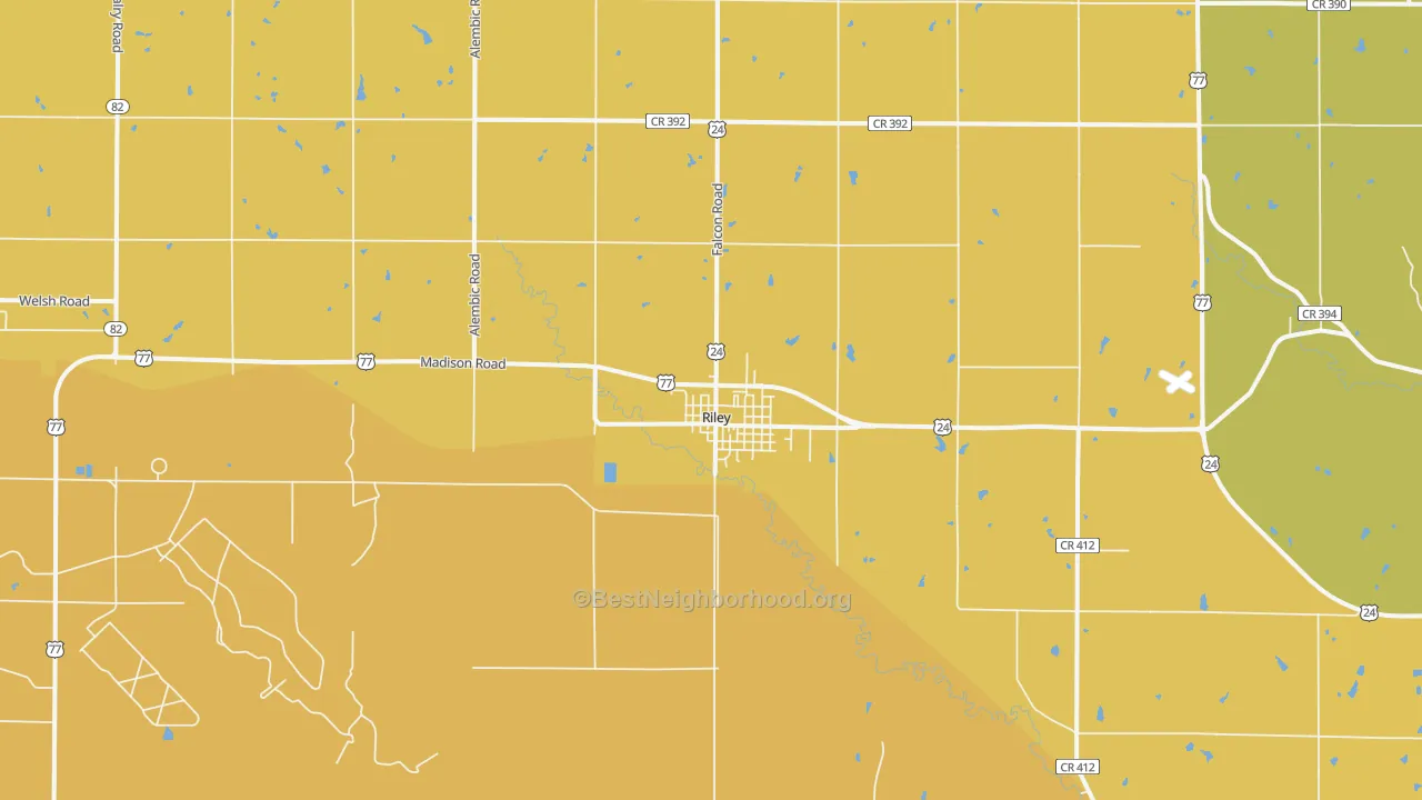 Map of the best neighborhoods in the 66531 area, with better matches in green and worse matches in red