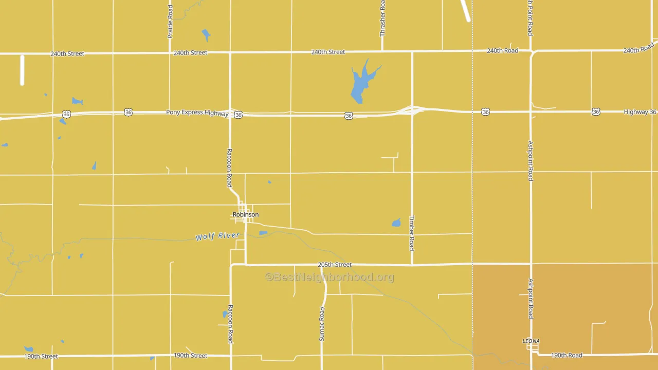 Map of the best neighborhoods in the 66532 area, with better matches in green and worse matches in red