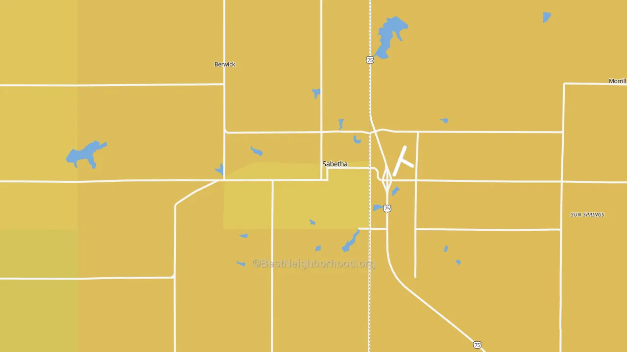 Map of the best neighborhoods in the 66534 area, with better matches in green and worse matches in red
