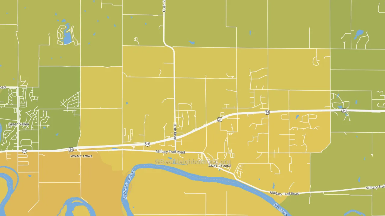 Map of the best neighborhoods in the 66535 area, with better matches in green and worse matches in red