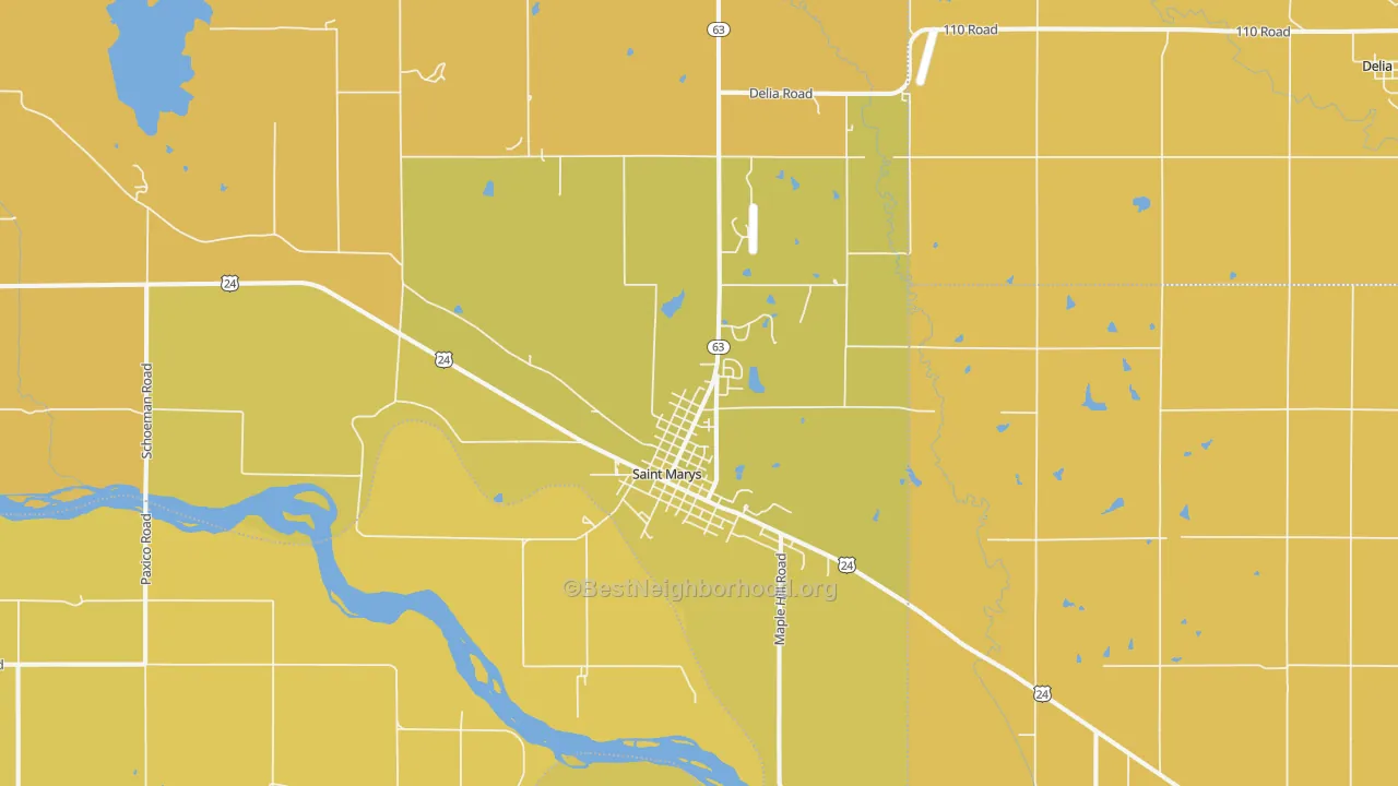 Map of the best neighborhoods in the 66536 area, with better matches in green and worse matches in red