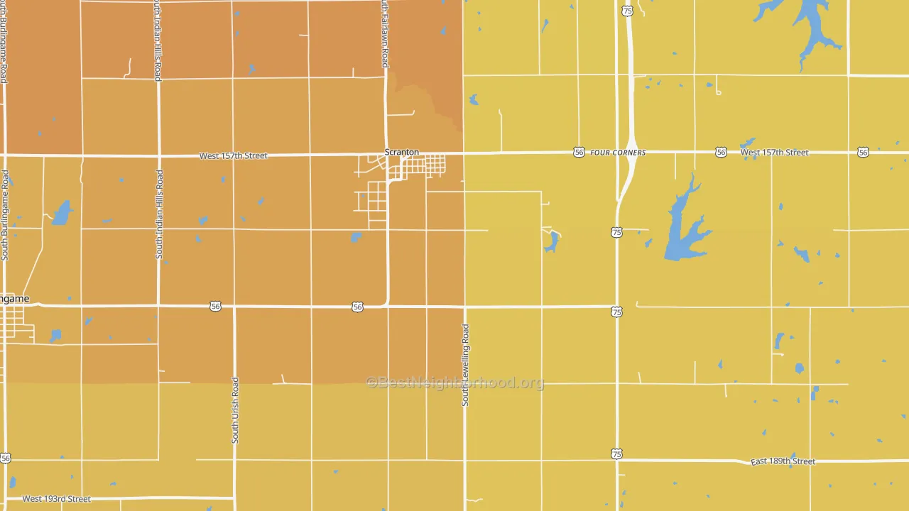 Map of the best neighborhoods in the 66537 area, with better matches in green and worse matches in red