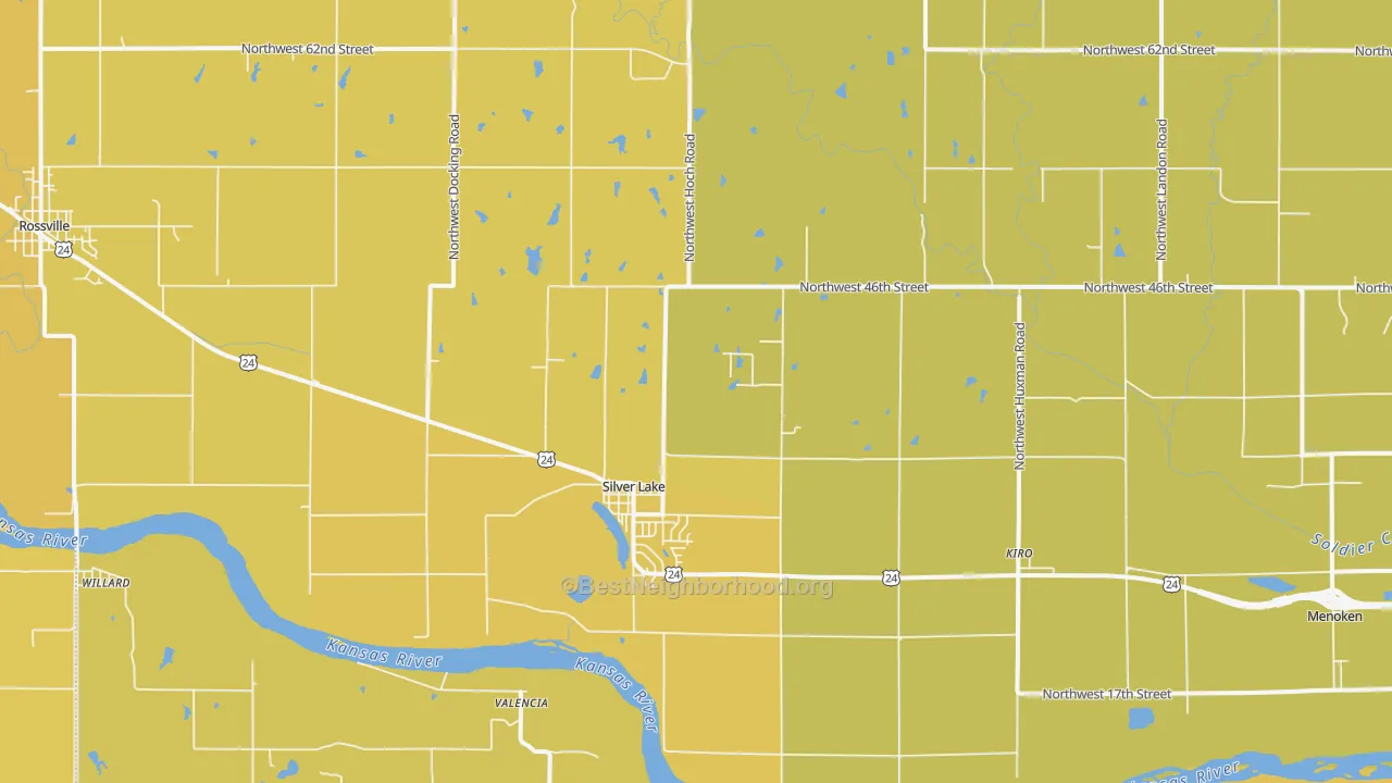 Map of the best neighborhoods in the 66539 area, with better matches in green and worse matches in red