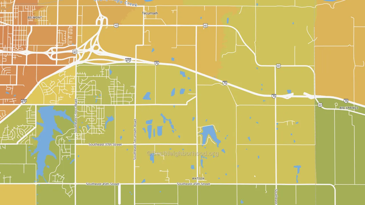 Map of the best neighborhoods in the 66542 area, with better matches in green and worse matches in red