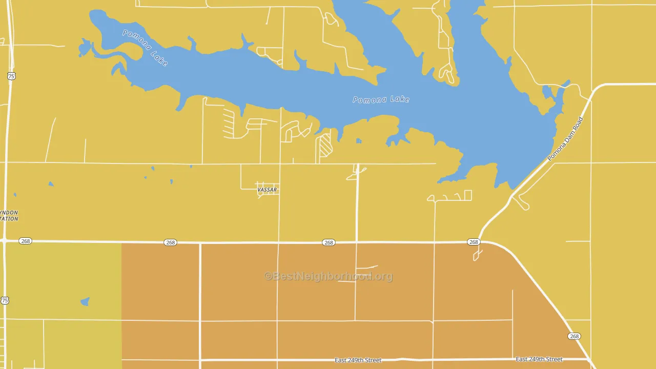 Map of the best neighborhoods in the 66543 area, with better matches in green and worse matches in red