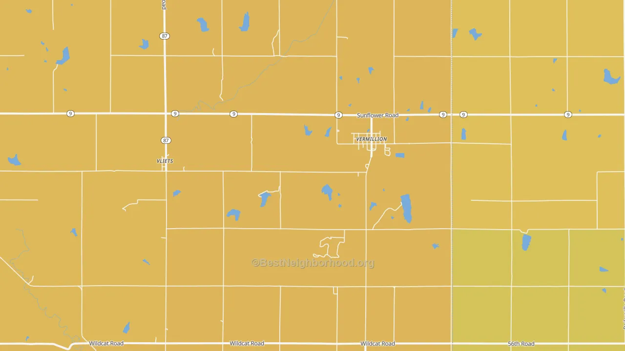 Map of the best neighborhoods in the 66544 area, with better matches in green and worse matches in red