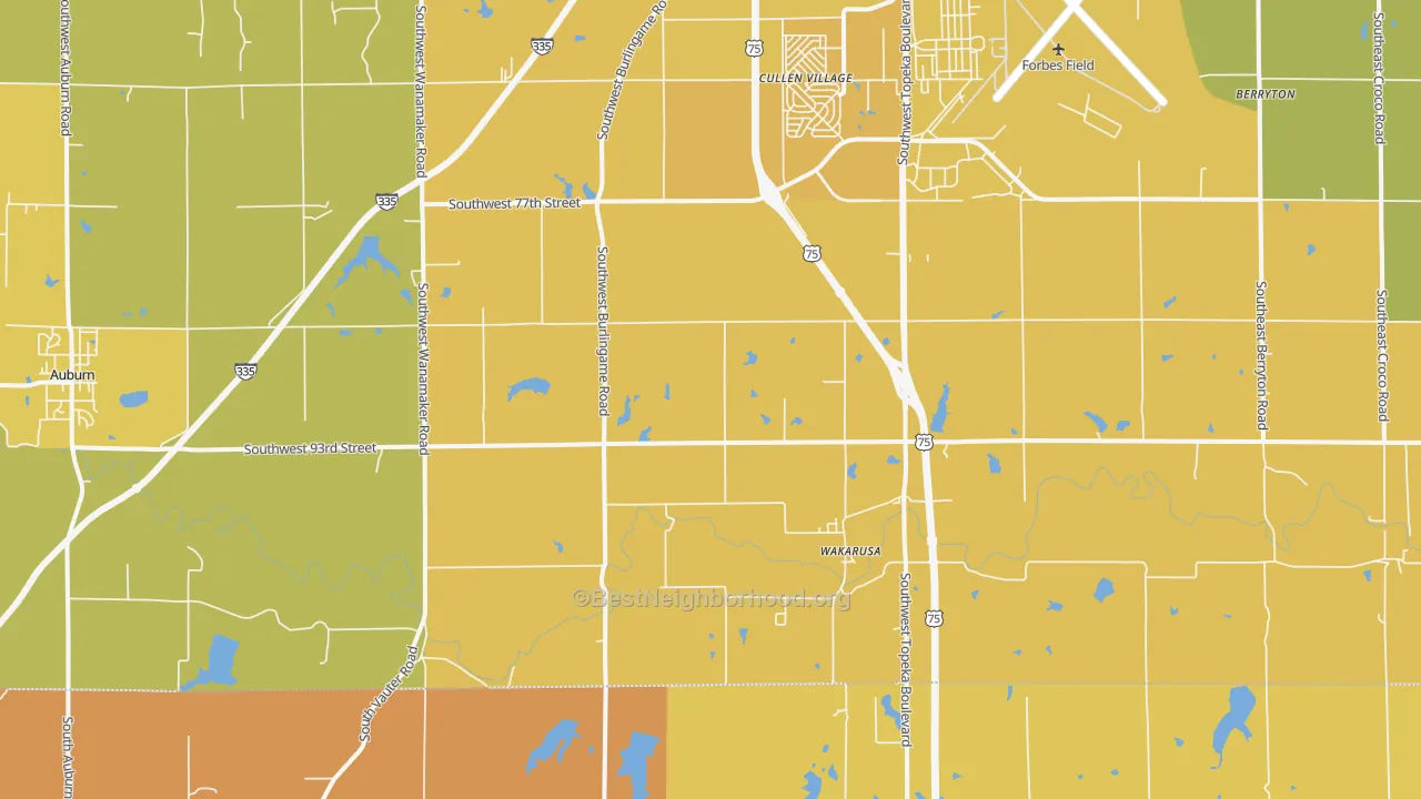 Map of the best neighborhoods in the 66546 area, with better matches in green and worse matches in red