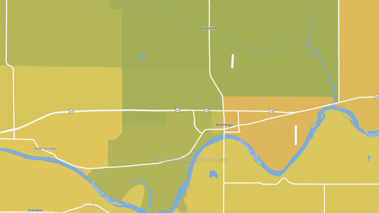 Map of the best neighborhoods in the 66547 area, with better matches in green and worse matches in red