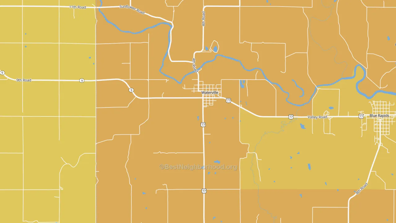 Map of the best neighborhoods in the 66548 area, with better matches in green and worse matches in red