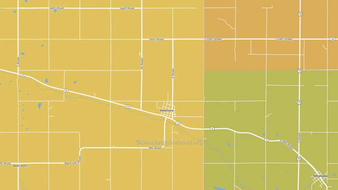 Map of the best neighborhoods in the 66550 area, with better matches in green and worse matches in red