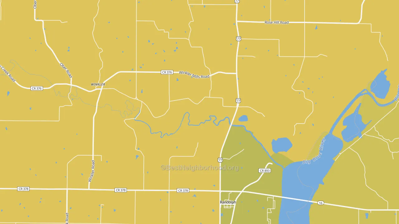 Map of the best neighborhoods in the 66554 area, with better matches in green and worse matches in red