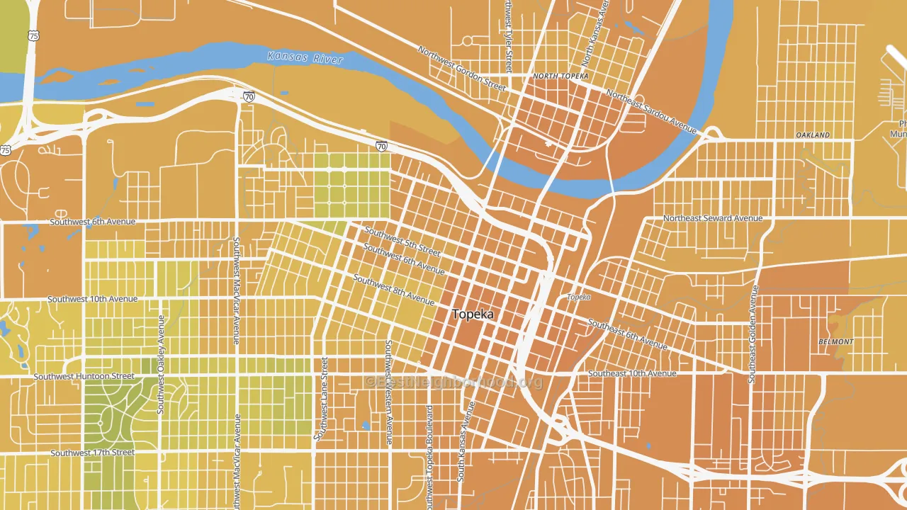 Map of the best neighborhoods in the 66603 area, with better matches in green and worse matches in red
