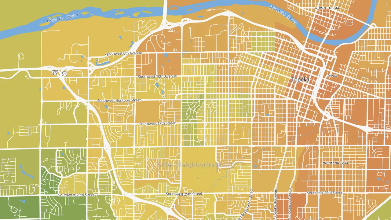 Map of the best neighborhoods in the 66604 area, with better matches in green and worse matches in red