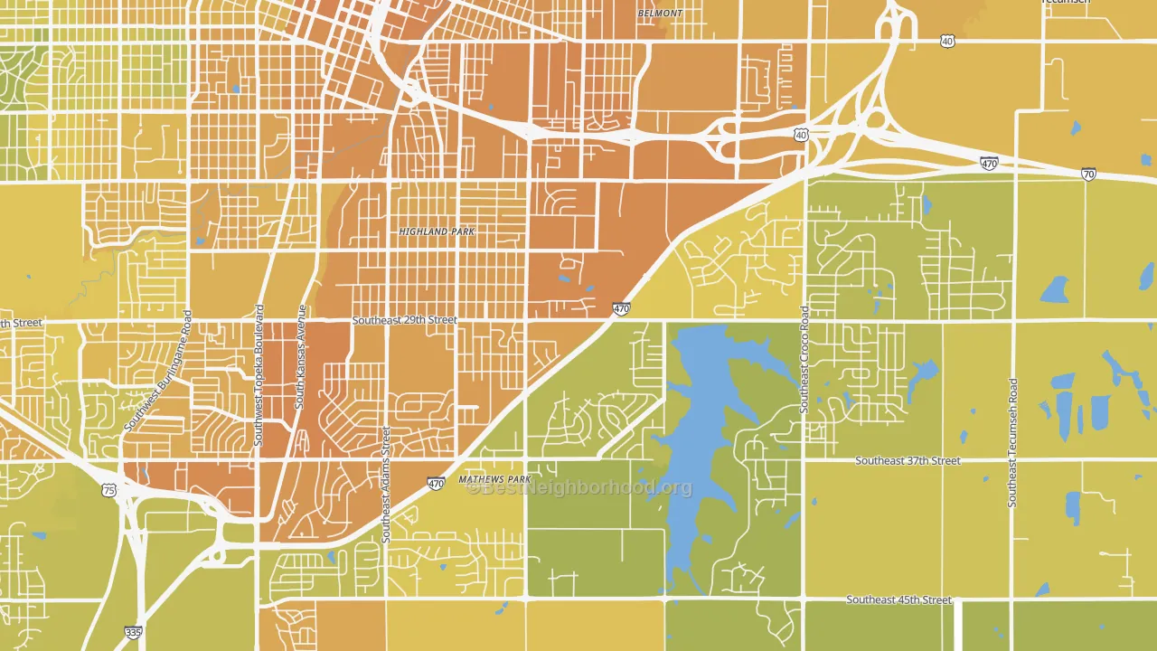 Map of the best neighborhoods in the 66605 area, with better matches in green and worse matches in red