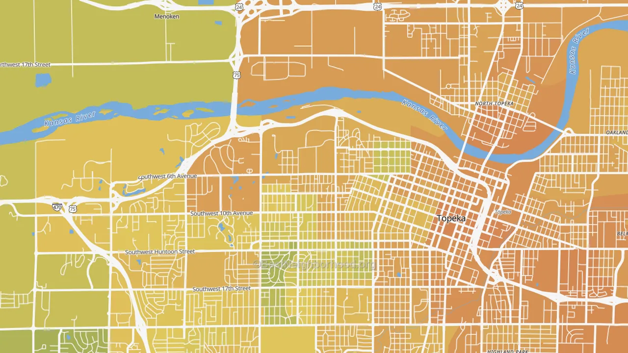 Map of the best neighborhoods in the 66606 area, with better matches in green and worse matches in red
