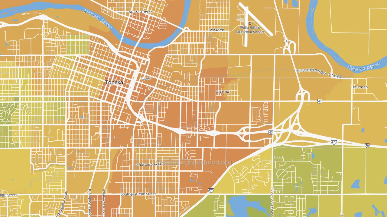Map of the best neighborhoods in the 66607 area, with better matches in green and worse matches in red