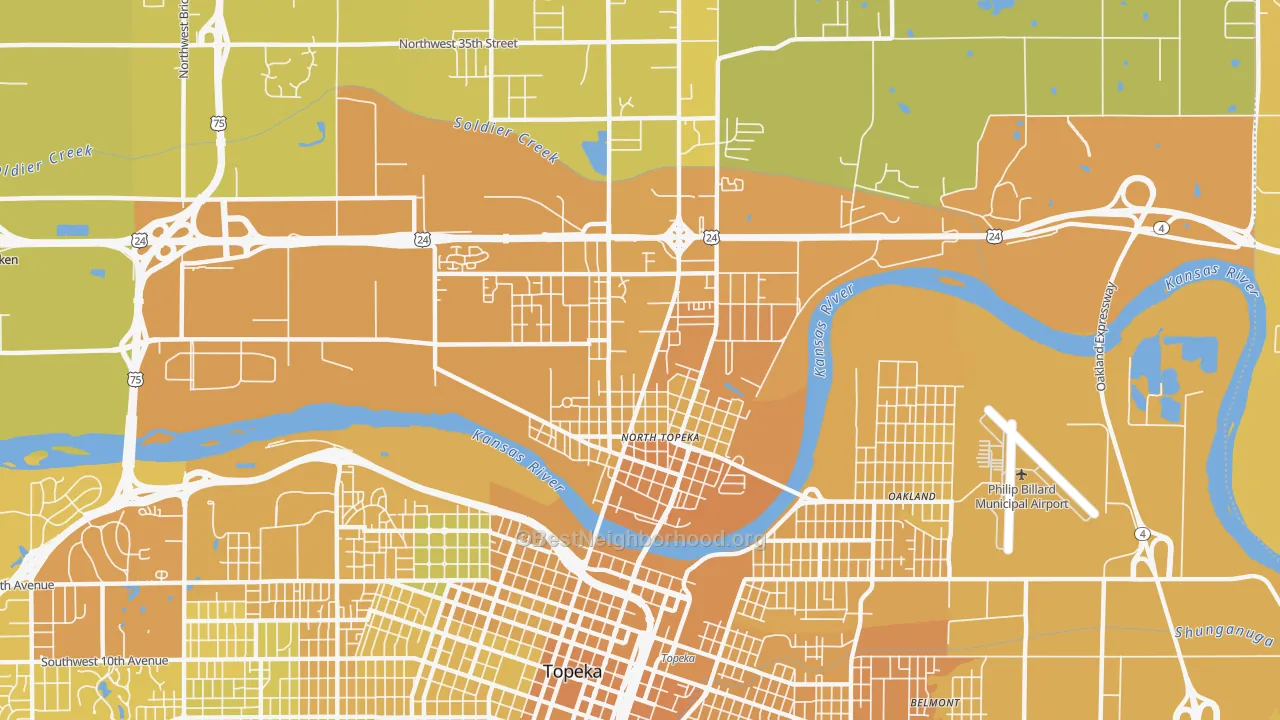 Map of the best neighborhoods in the 66608 area, with better matches in green and worse matches in red