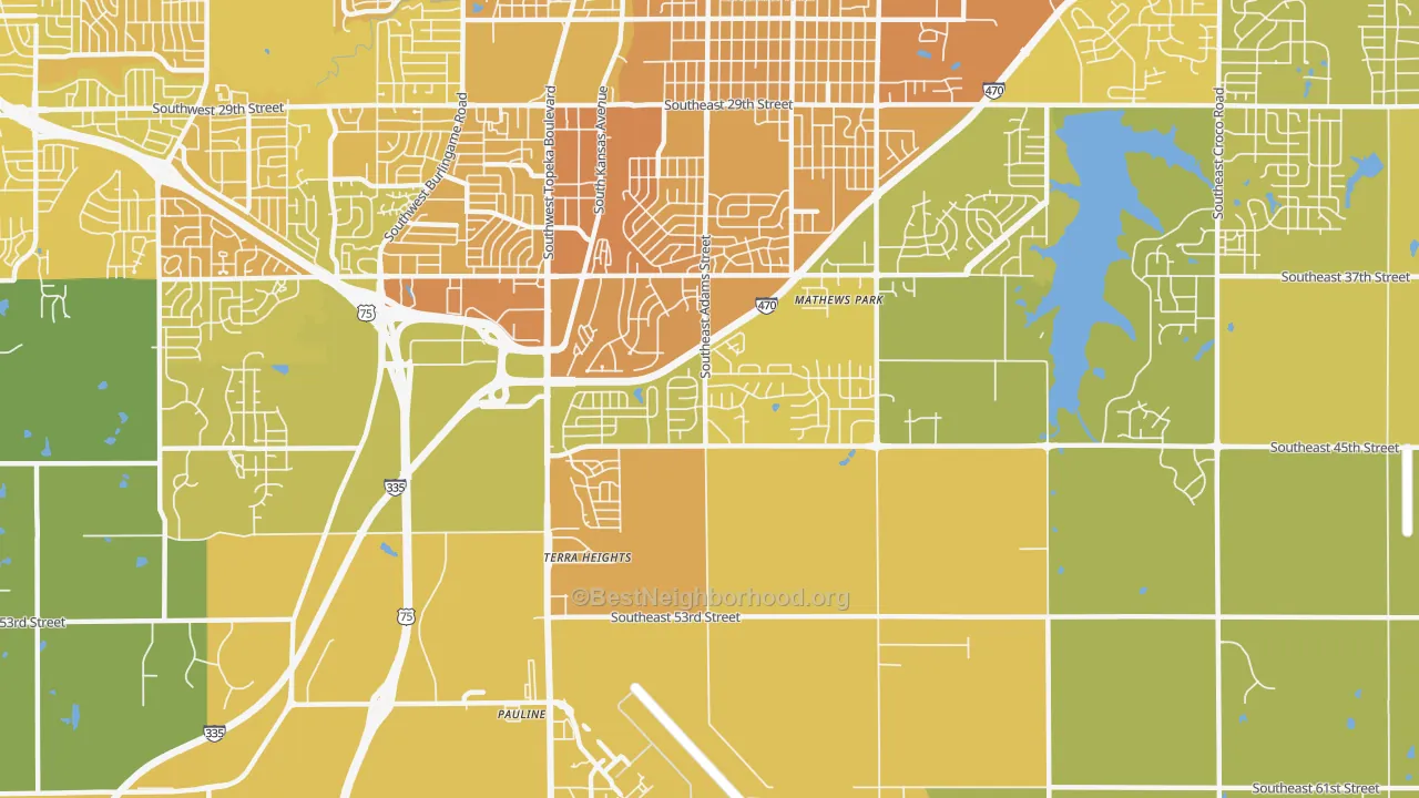 Map of the best neighborhoods in the 66609 area, with better matches in green and worse matches in red