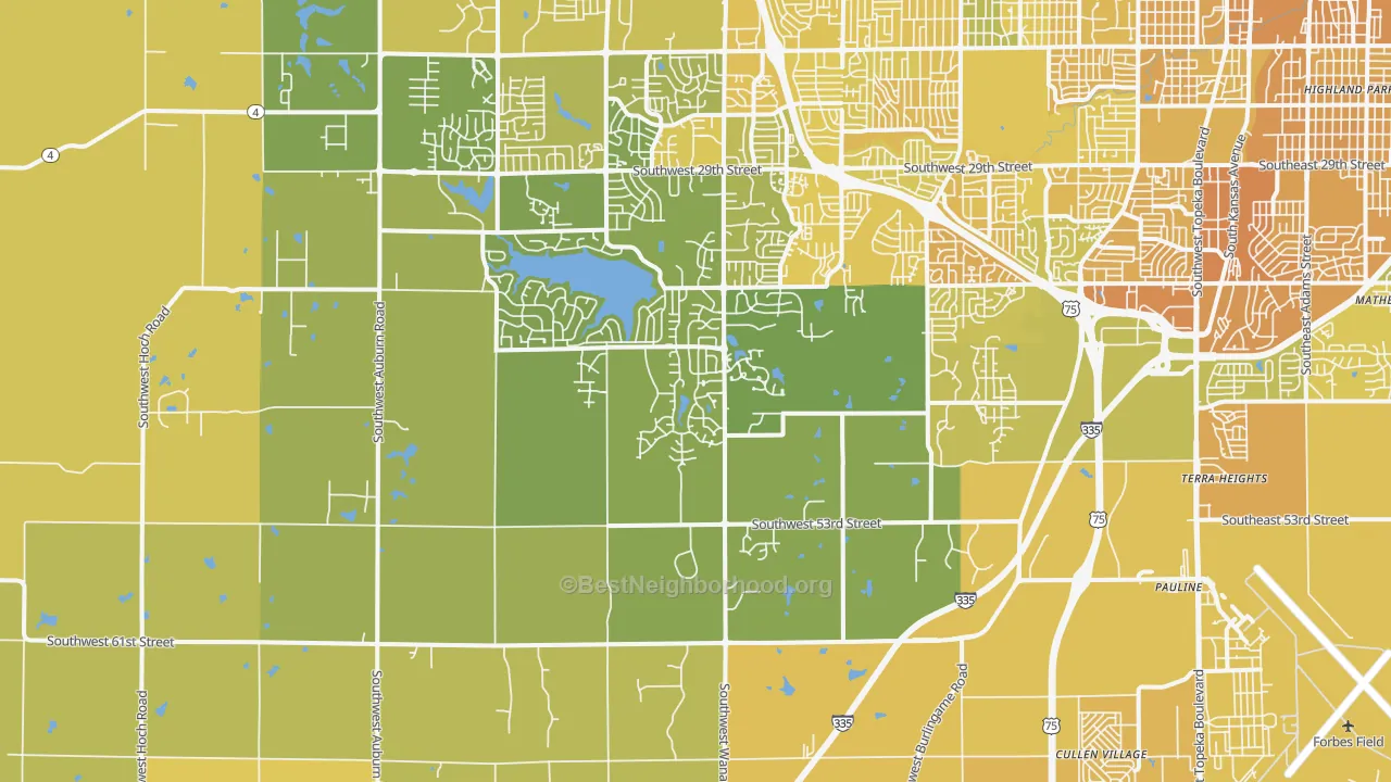 Map of the best neighborhoods in the 66610 area, with better matches in green and worse matches in red