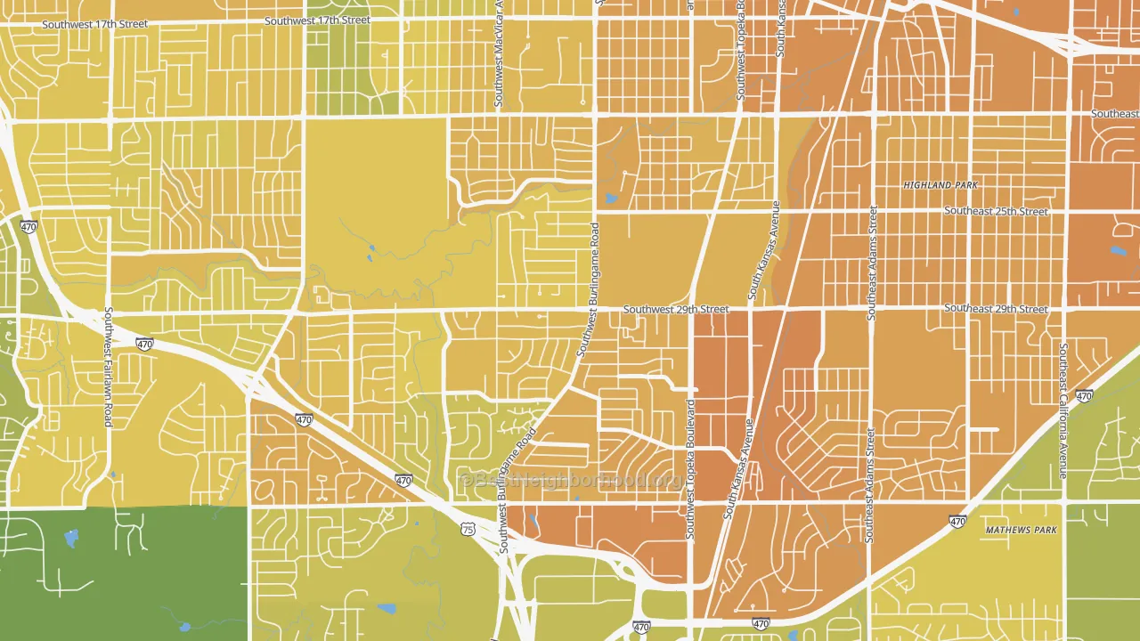 Map of the best neighborhoods in the 66611 area, with better matches in green and worse matches in red
