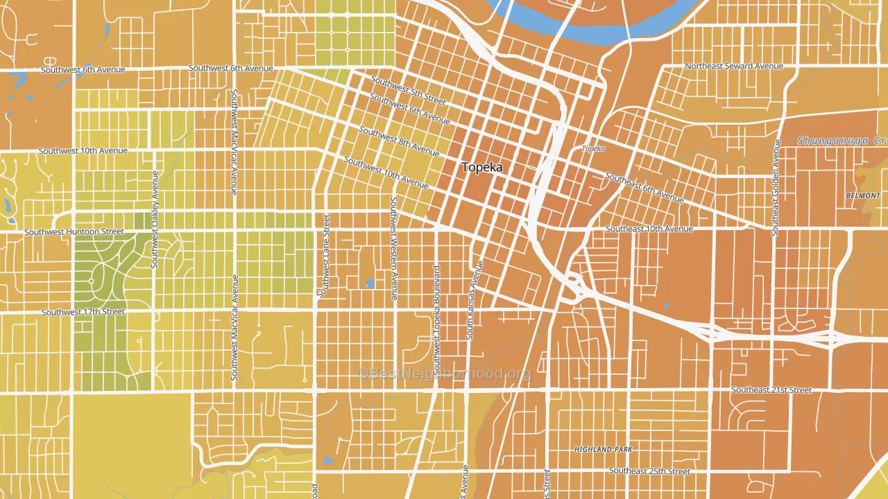 Map of the best neighborhoods in the 66612 area, with better matches in green and worse matches in red