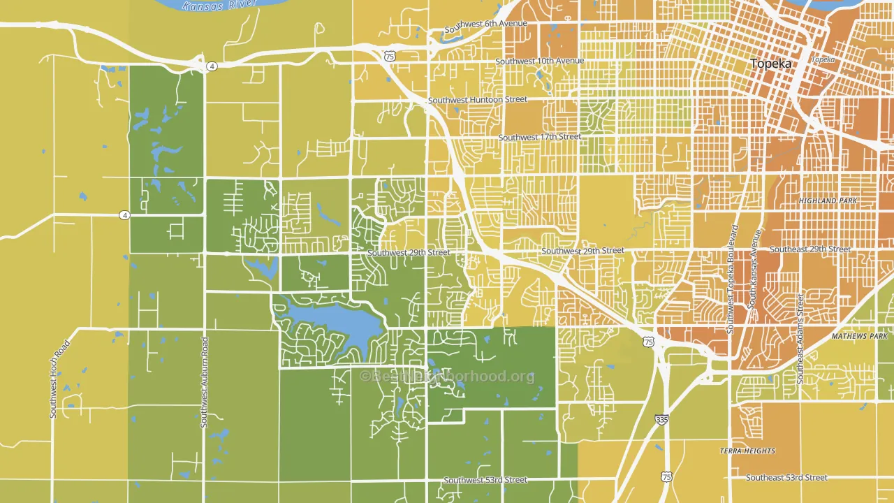 Map of the best neighborhoods in the 66614 area, with better matches in green and worse matches in red
