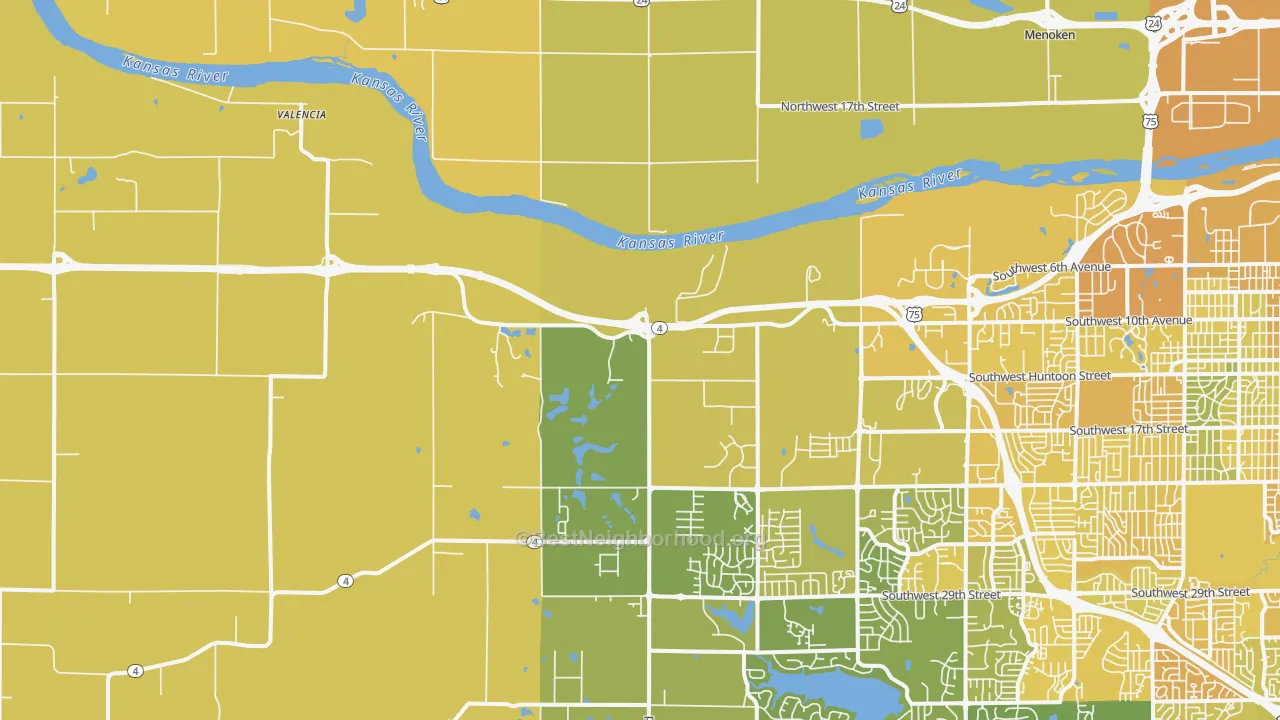 Map of the best neighborhoods in the 66615 area, with better matches in green and worse matches in red