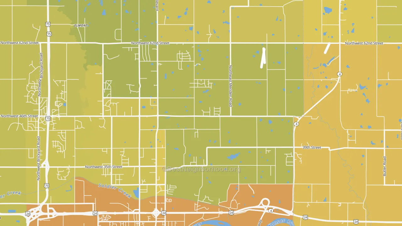 Map of the best neighborhoods in the 66617 area, with better matches in green and worse matches in red