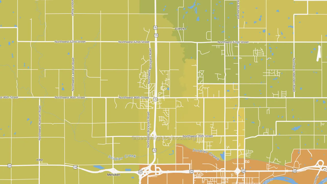 Map of the best neighborhoods in the 66618 area, with better matches in green and worse matches in red