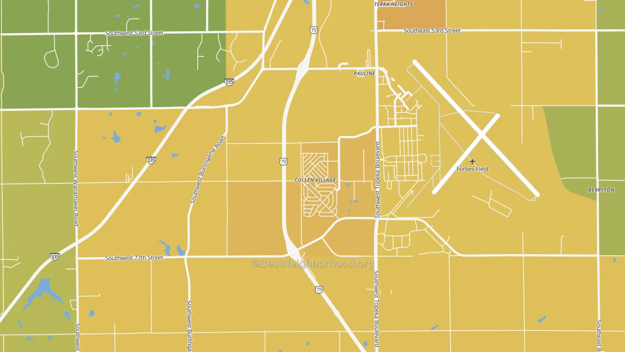Map of the best neighborhoods in the 66619 area, with better matches in green and worse matches in red