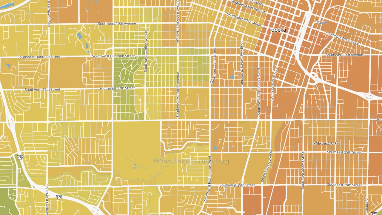 Map of the best neighborhoods in the 66621 area, with better matches in green and worse matches in red