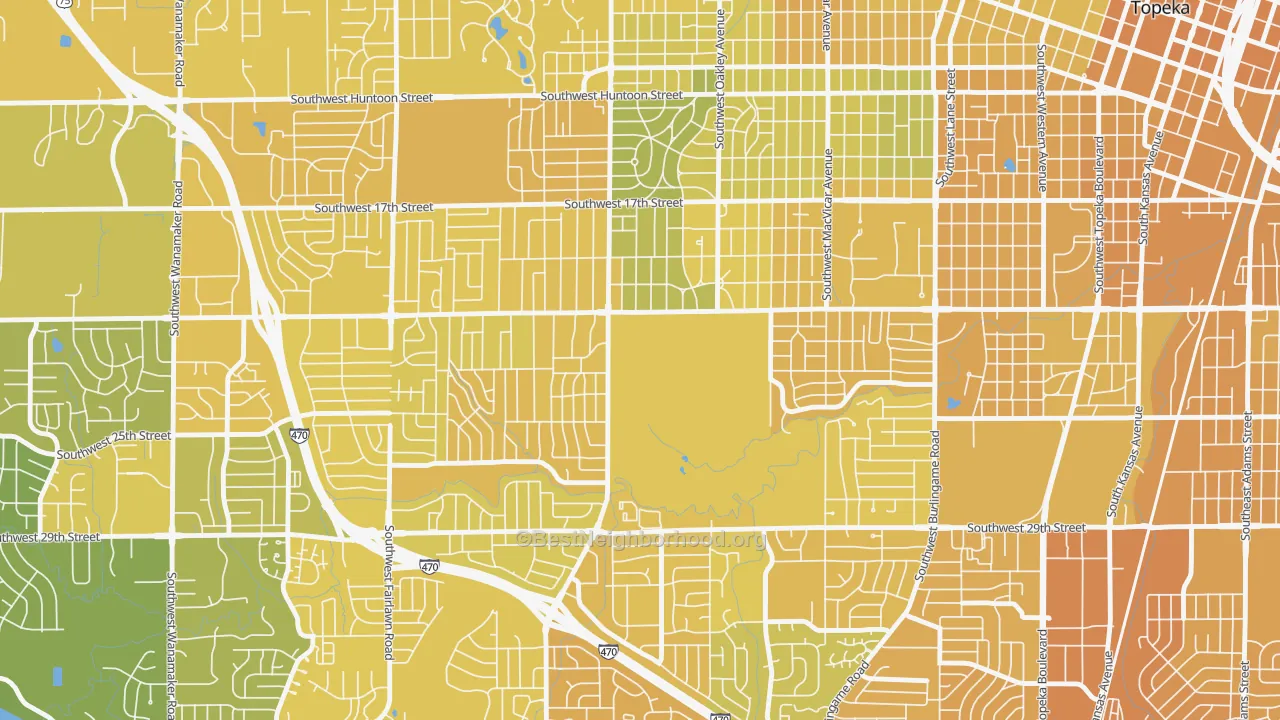 Map of the best neighborhoods in the 66622 area, with better matches in green and worse matches in red