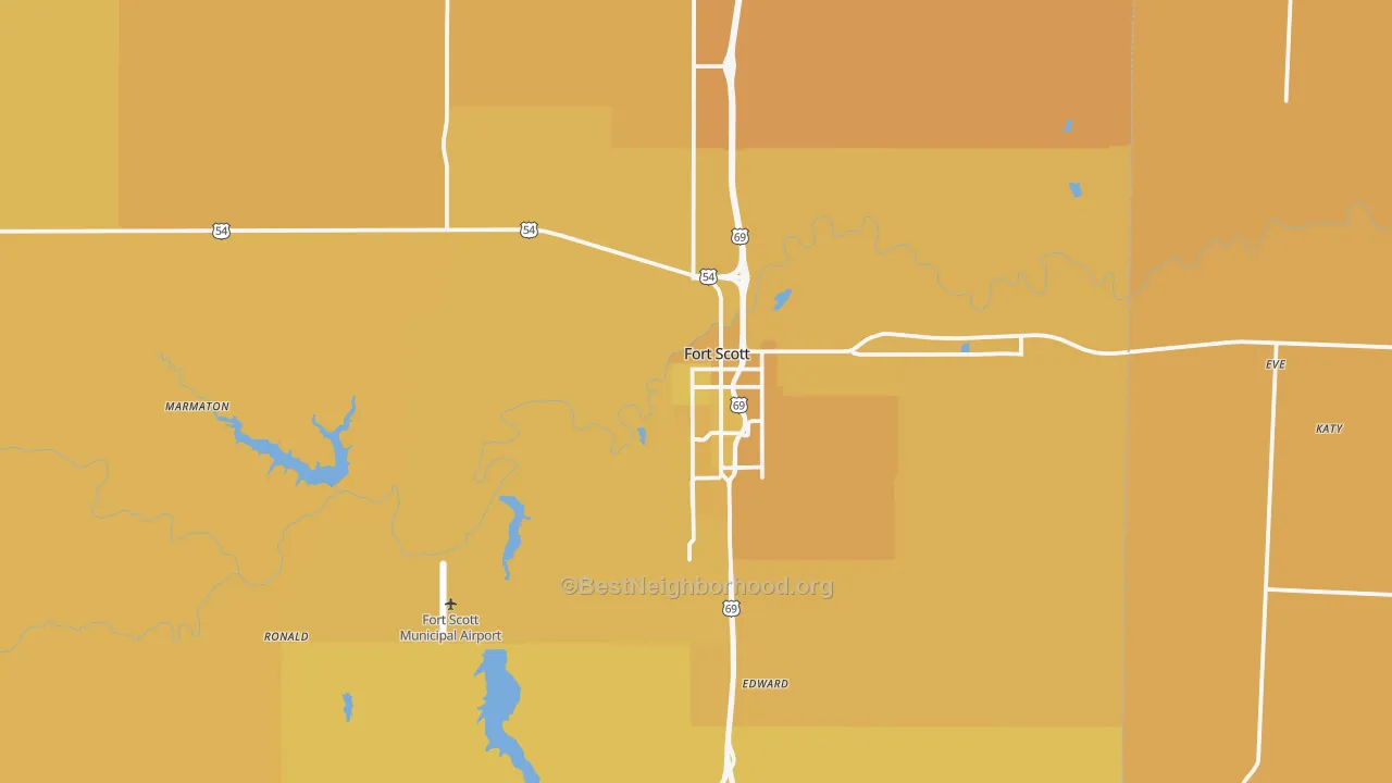 Map of the best neighborhoods in the 66701 area, with better matches in green and worse matches in red