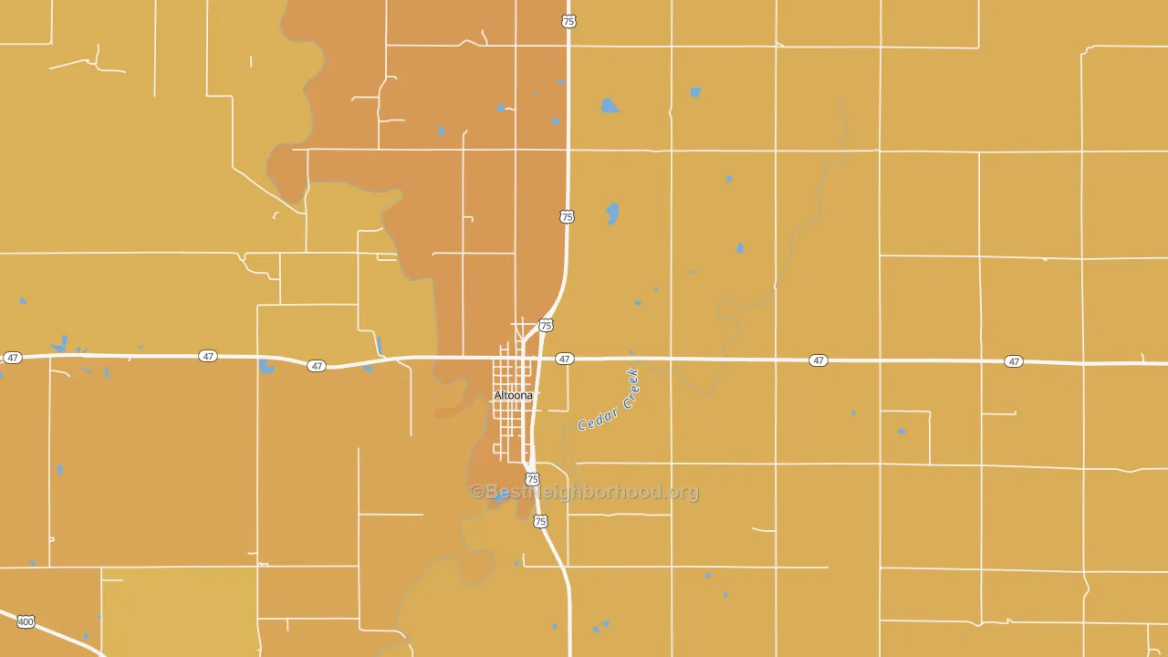 Map of the best neighborhoods in the 66710 area, with better matches in green and worse matches in red