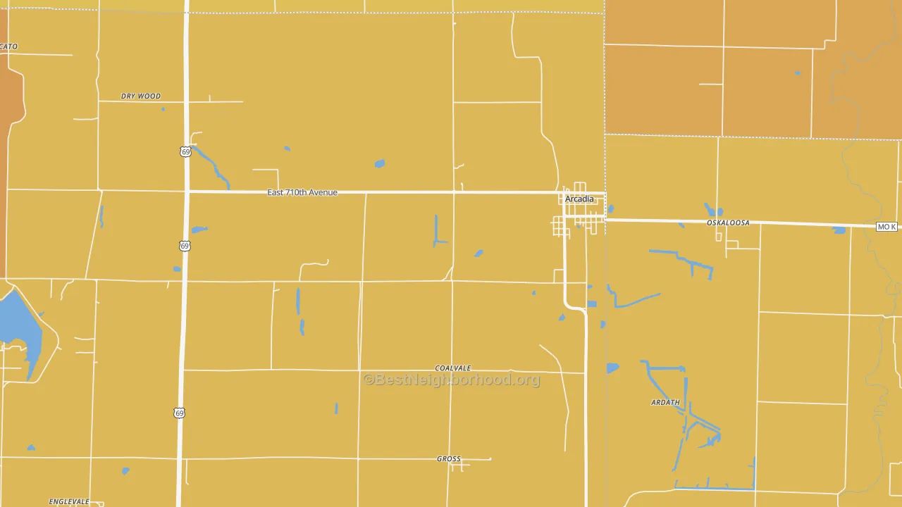 Map of the best neighborhoods in the 66711 area, with better matches in green and worse matches in red