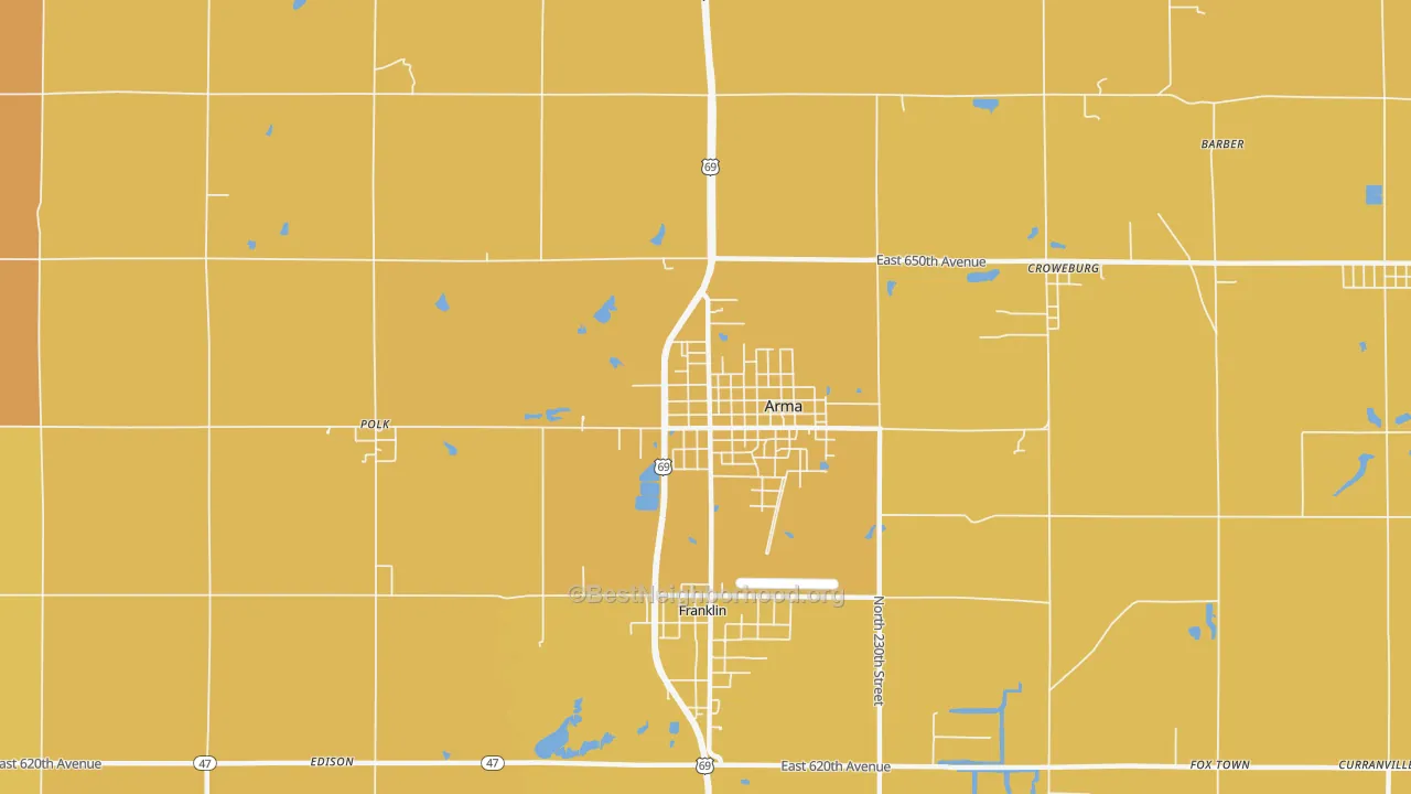 Map of the best neighborhoods in the 66712 area, with better matches in green and worse matches in red