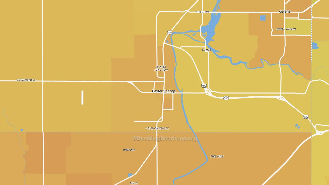 Map of the best neighborhoods in the 66713 area, with better matches in green and worse matches in red