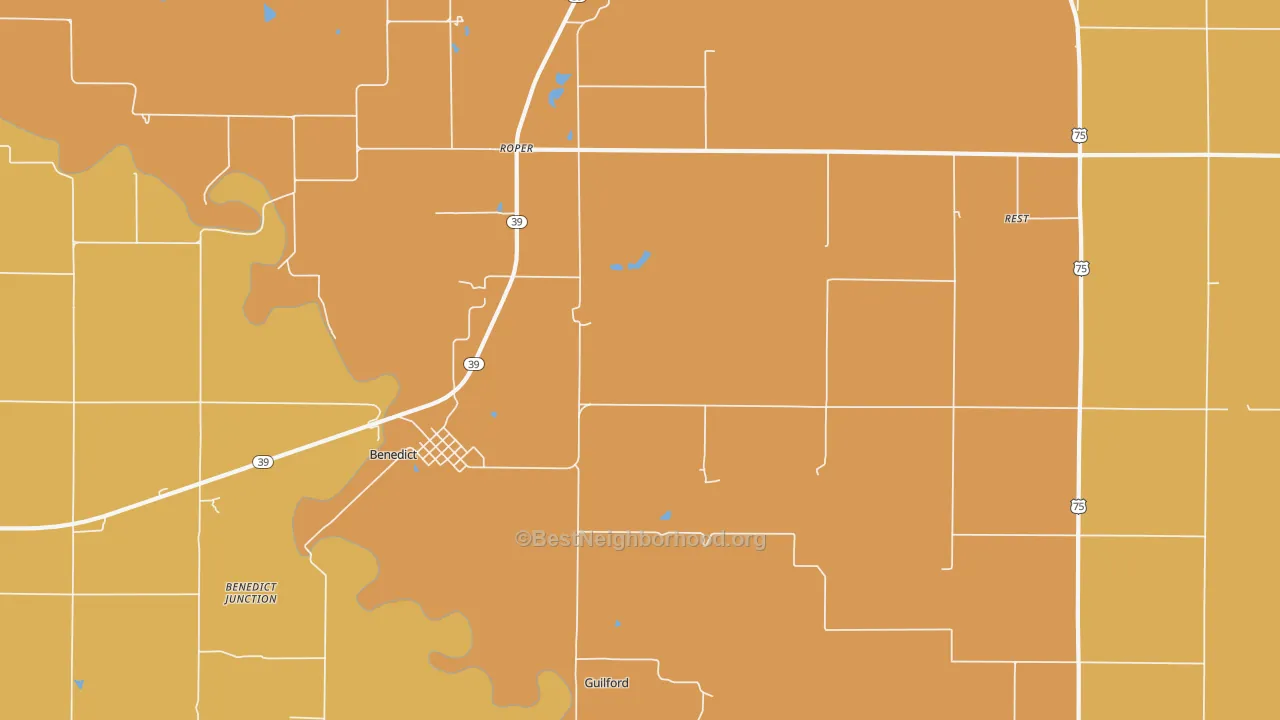 Map of the best neighborhoods in the 66714 area, with better matches in green and worse matches in red