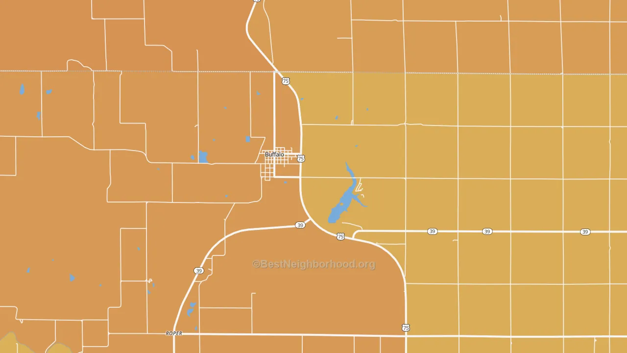 Map of the best neighborhoods in the 66717 area, with better matches in green and worse matches in red