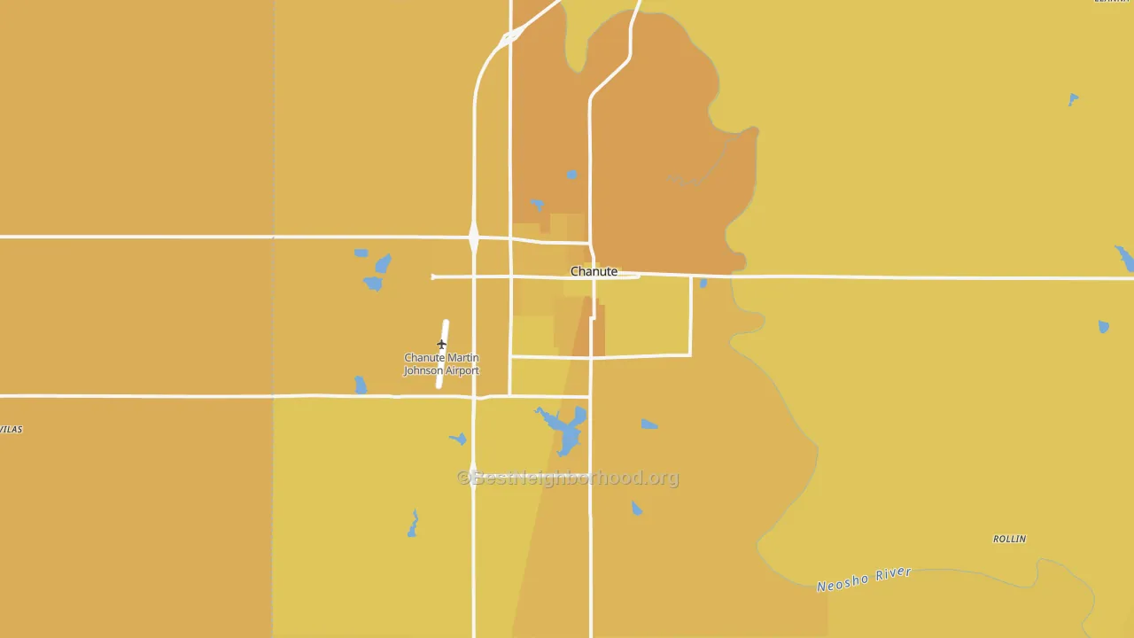 Map of the best neighborhoods in the 66720 area, with better matches in green and worse matches in red