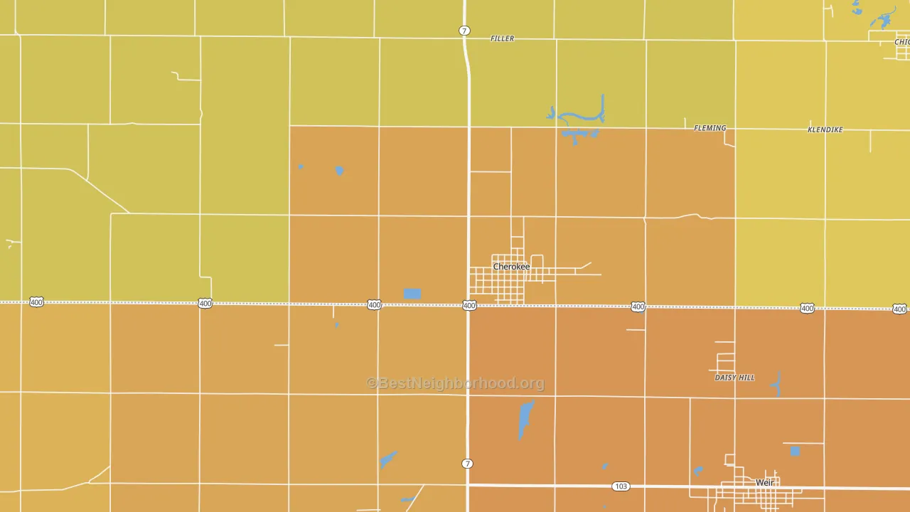 Map of the best neighborhoods in the 66724 area, with better matches in green and worse matches in red