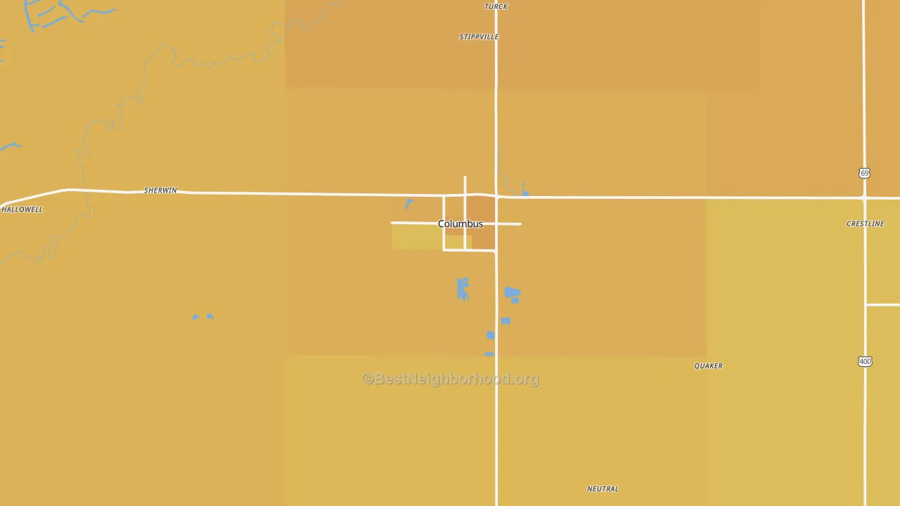 Map of the best neighborhoods in the 66725 area, with better matches in green and worse matches in red