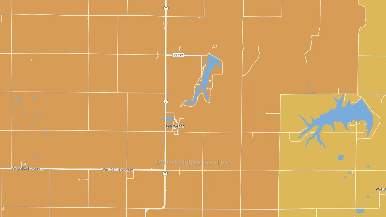 Map of the best neighborhoods in the 66734 area, with better matches in green and worse matches in red