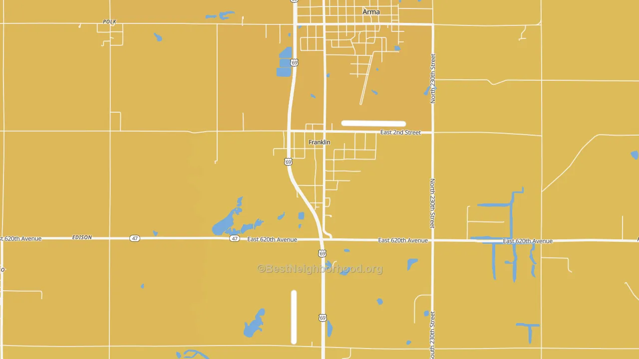 Map of the best neighborhoods in the 66735 area, with better matches in green and worse matches in red