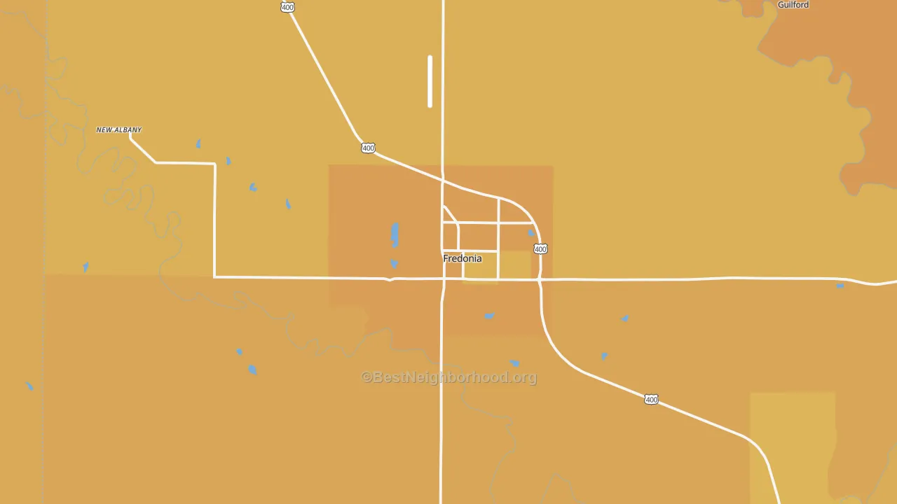 Map of the best neighborhoods in the 66736 area, with better matches in green and worse matches in red