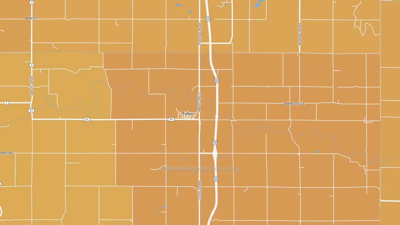 Map of the best neighborhoods in the 66738 area, with better matches in green and worse matches in red