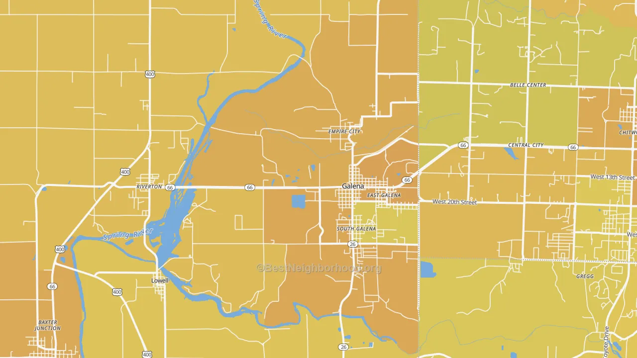 Map of the best neighborhoods in the 66739 area, with better matches in green and worse matches in red