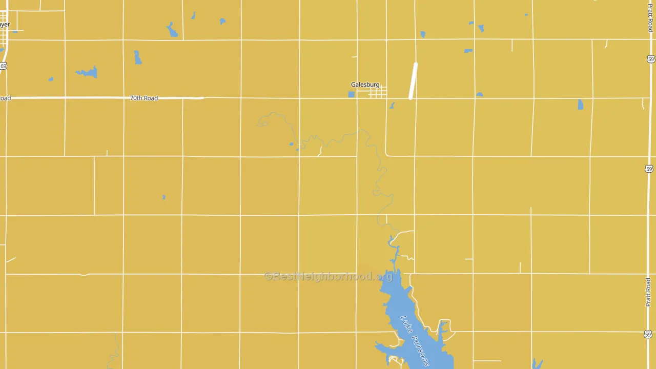 Map of the best neighborhoods in the 66740 area, with better matches in green and worse matches in red